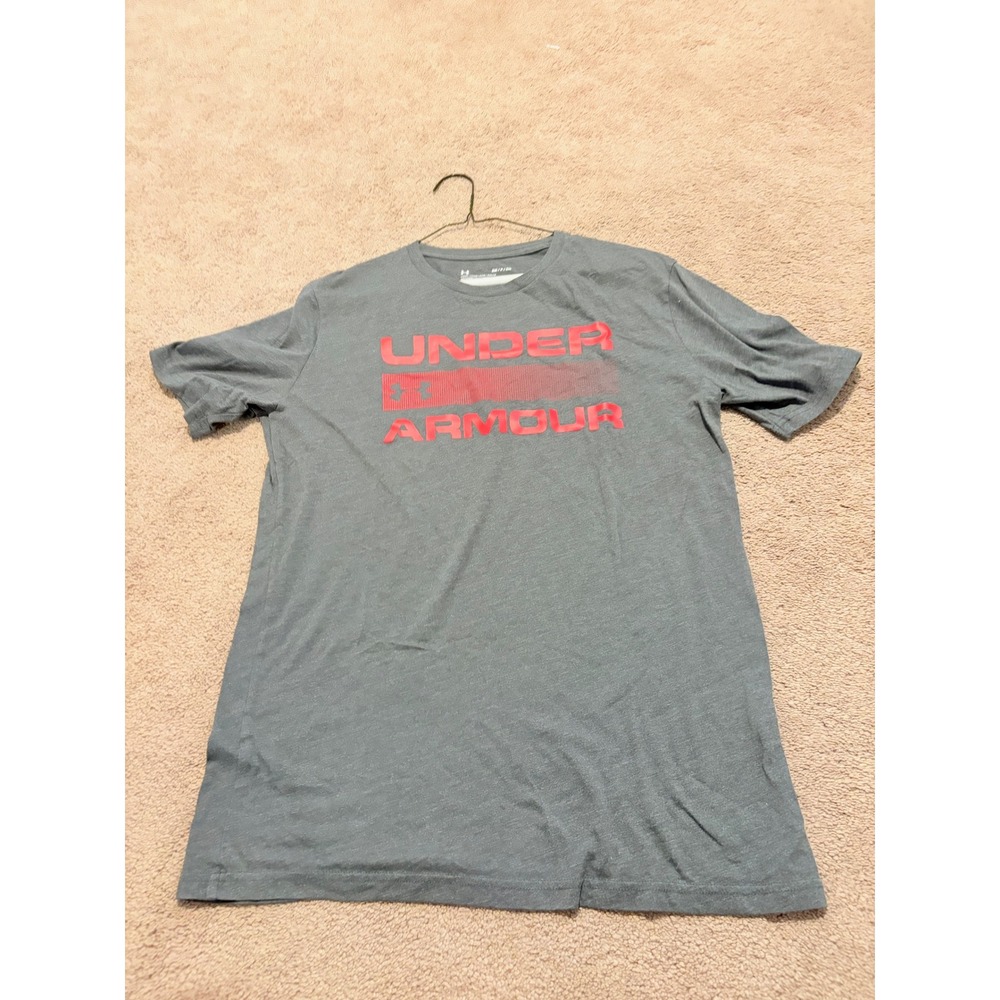 Under Armour Mens Graphic Tee Gray Red Logo Loose Fit Shirt Small SM P CH